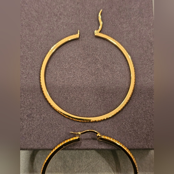 Citrine 2.25" hoop earrings set in 14k gold plated sterling silver. Hinged clasp - Picture 7 of 10
